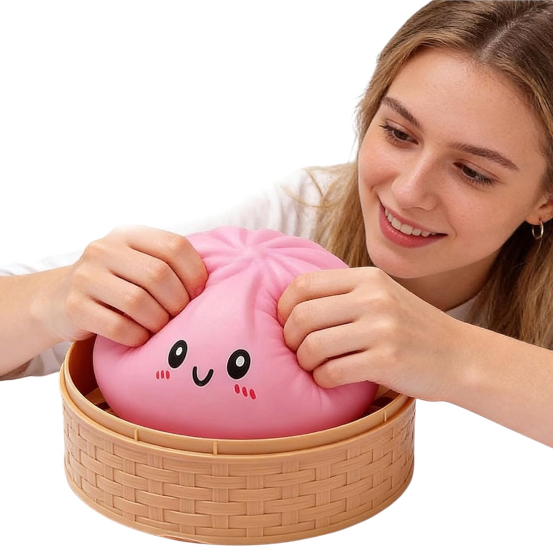 Giant Dumpling Squishy Toy – Jumbo 25cm in Steamer Basket
