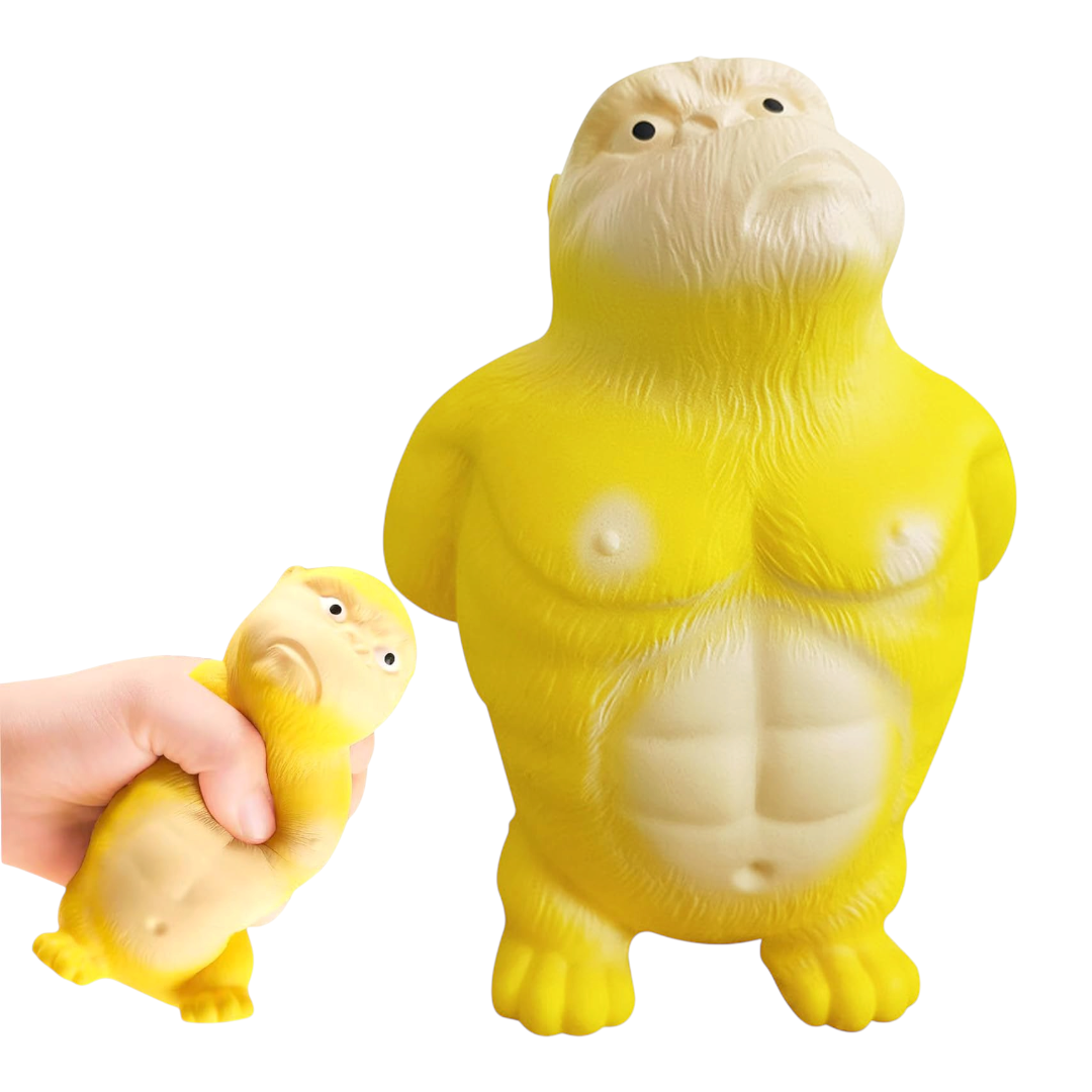 Yellow gorilla squeeze stress toy - small and large size comparison