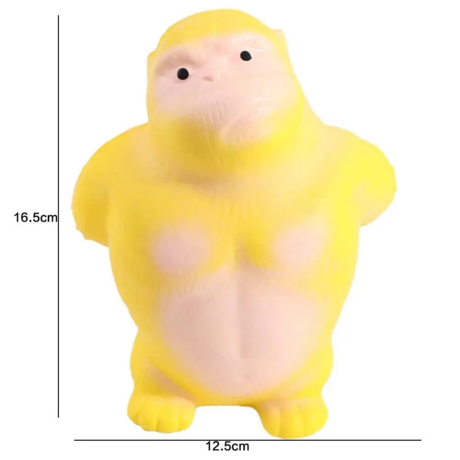 Yellow gorilla squeeze stress toy with dimensions 16.5cm x 12.5cm