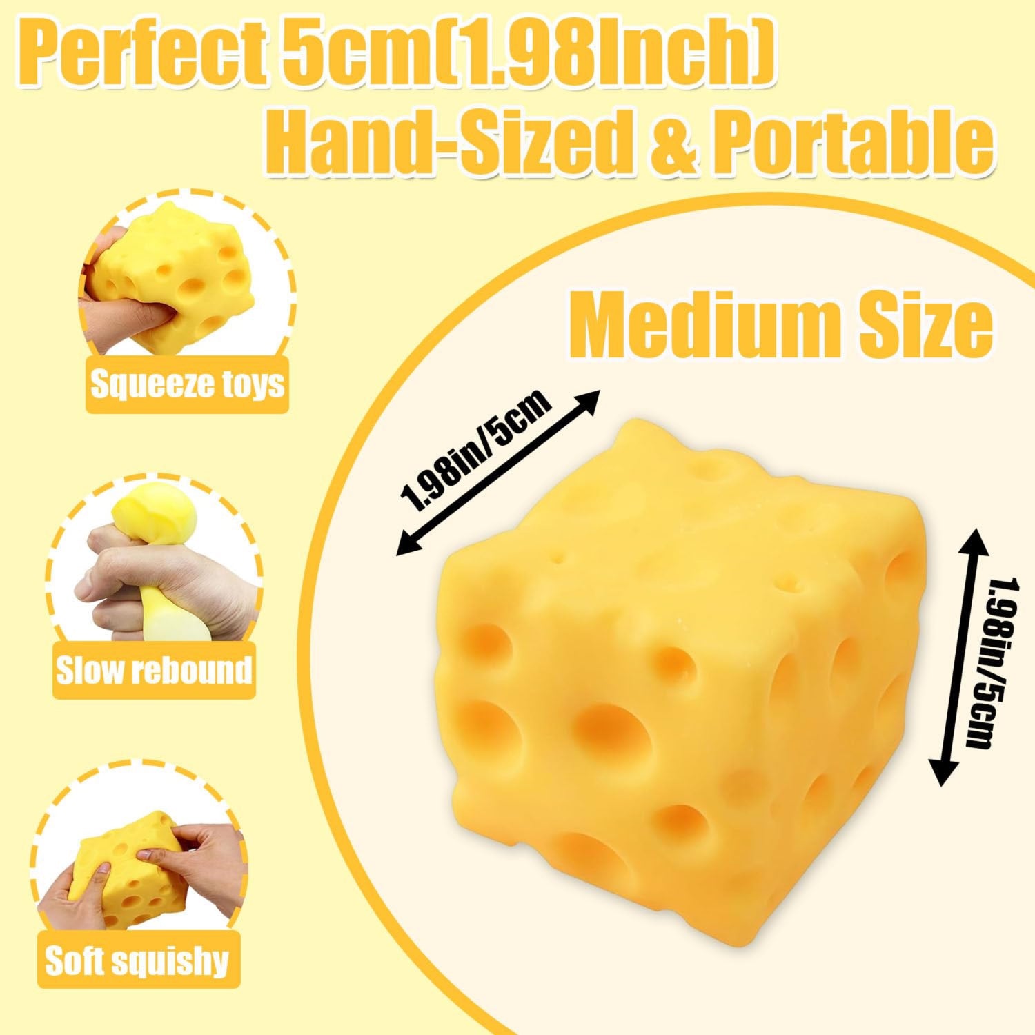 Cheese Squishy Toy - 5cm hand-sized portable squeeze toy dimensions